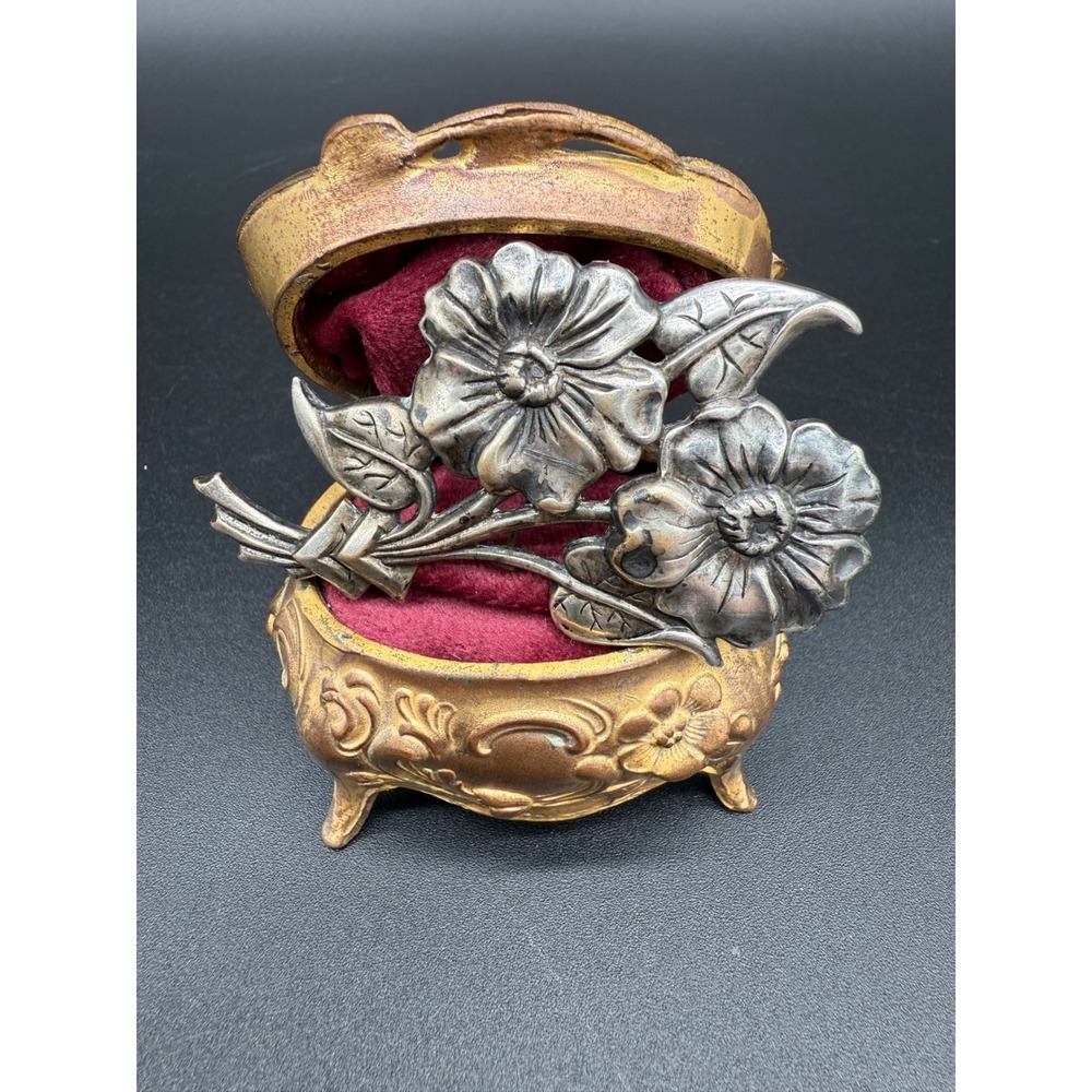 Antique Art Nouveau Floral Brooch Silver Tone Flower Pin with‎ Leaves